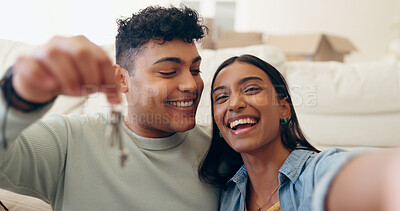 Buy stock photo House, keys and couple selfie with smile and excited from real estate investment in a home. Happy, love and achievement with picture for social media post and memory from mortgage and loan success