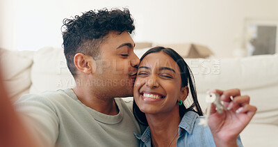 Buy stock photo House, keys and couple kiss selfie with smile and excited from real estate investment in a home. Happy, love and achievement with picture for social media post and memory from mortgage and success