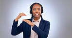 Call center, customer support and portrait of black woman in studio talking, speaking and consulting. Telemarketing service, communication and person with headset for contact on gray background