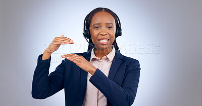 Buy stock photo Call center, customer support and portrait of black woman in studio talking, speaking and consulting. Telemarketing service, communication and person with headset for contact on gray background