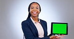 Business woman, portrait and green screen of tablet for advertising space, presentation or mockup newsletter in studio. Happy african worker show digital announcement, info or deal on grey background