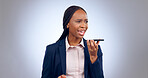 Phone call, business and black woman with conversation, speaker and connection on white studio background. African person, model and employee with a smartphone, communication and talking with network