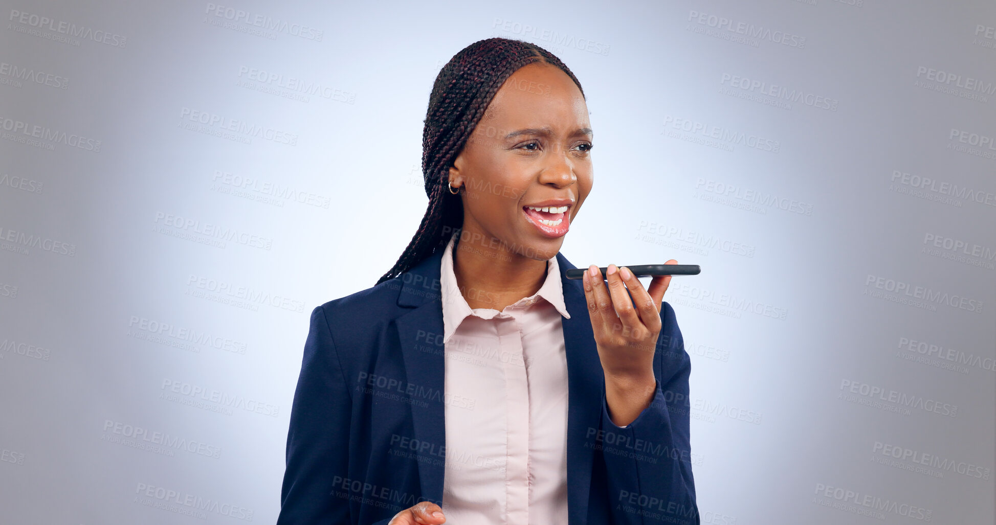 Buy stock photo Phone call, business and black woman with conversation, speaker and connection on white studio background. African person, model and employee with a smartphone, communication and talking with network