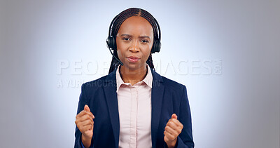 Buy stock photo Call center, customer support and portrait of black woman on gray background talking, speaking and consulting. Telemarketing service, communication and person with headset for contact in studio