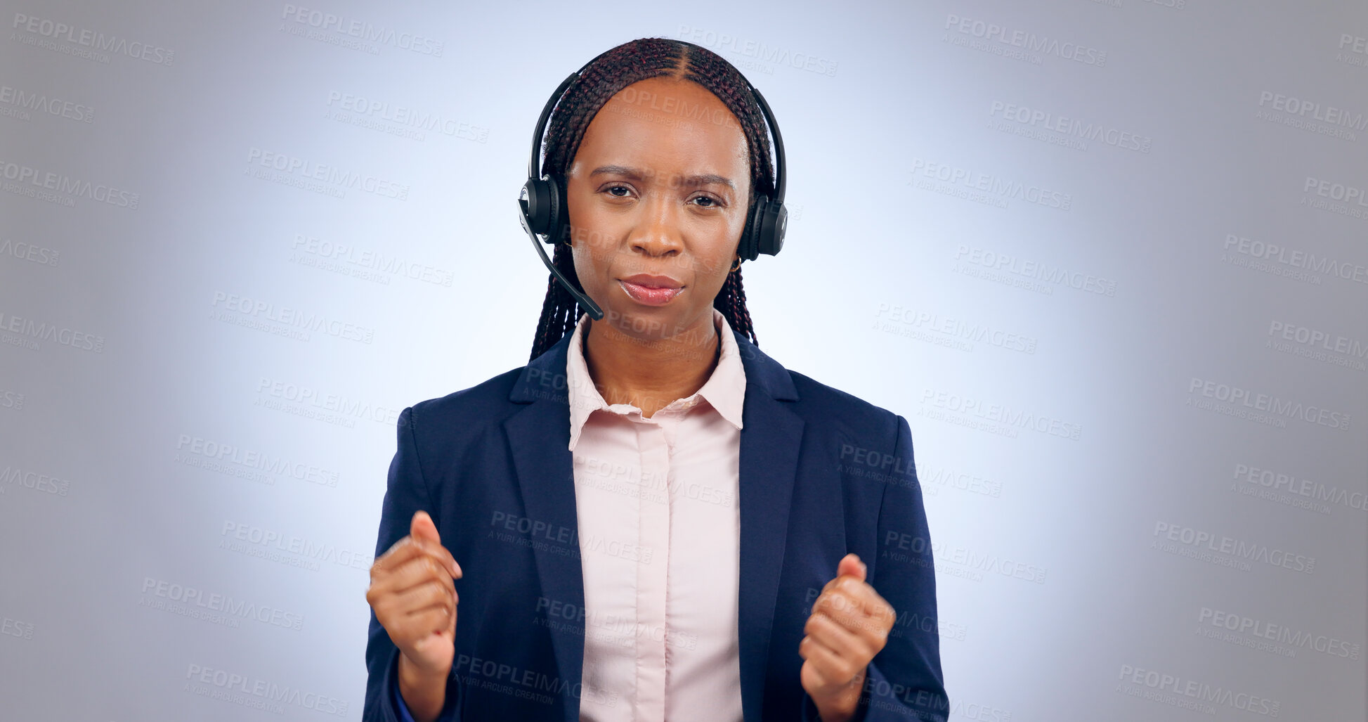 Buy stock photo Call center, customer support and portrait of black woman on gray background talking, speaking and consulting. Telemarketing service, communication and person with headset for contact in studio