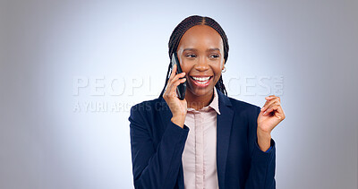 Buy stock photo Business woman, smile and phone call in studio for consulting contact, chat or talk on grey background. Happy african worker, mobile communication and conversation for feedback, networking or connect