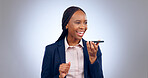 Business woman, phone call and voice with speaker in studio for translation app, sound and contact on grey background. Happy african worker, communication and talk on mobile microphone for audio chat