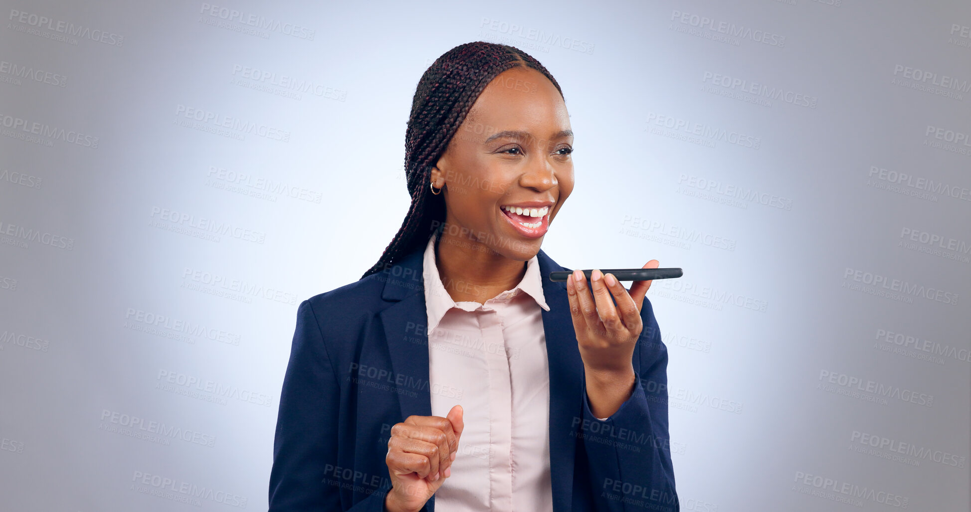 Buy stock photo Business woman, phone call and voice with speaker in studio for translation app, sound and contact on grey background. Happy african worker, communication and talk on mobile microphone for audio chat