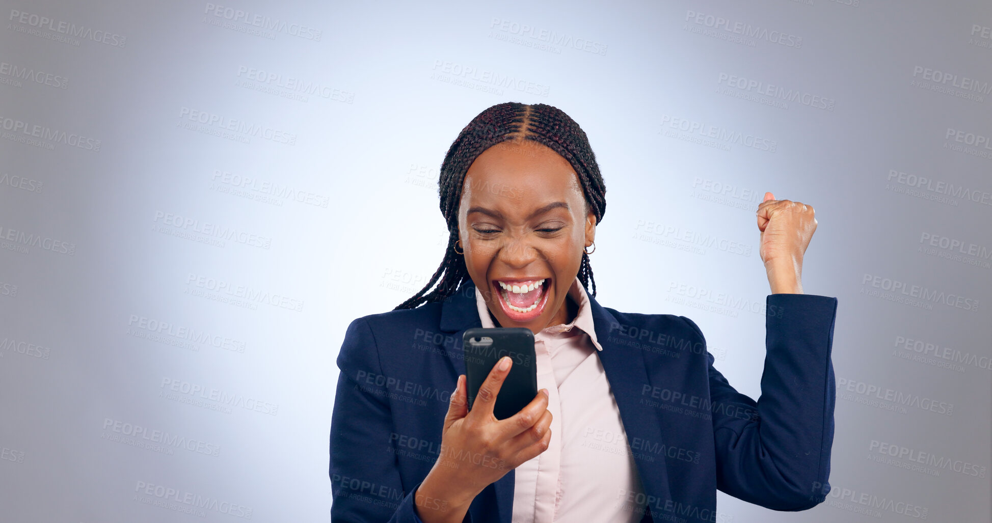 Buy stock photo Business woman, winning and phone in studio for success, celebrate profit and bonus promotion on grey background. Excited african worker, achievement and fist for mobile deal, news of reward or prize