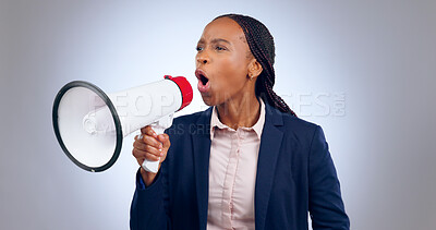 Buy stock photo Megaphone, speech and angry business woman in studio for  change, transformation or freedom on grey background. Corporate, justice and female speaker with bullhorn noise for announcement attention