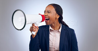 Buy stock photo Megaphone, speech and screaming business woman in studio for change, transformation or freedom on grey background. Corporate, justice and female speaker with bullhorn noise for announcement attention