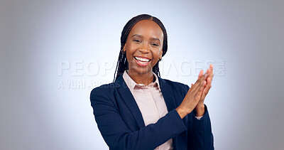 Buy stock photo Business, success and face of black woman with applause in studio with congratulations, pride or praise on grey background. Portrait, smile or lady entrepreneur with clapping hands emoji motivation