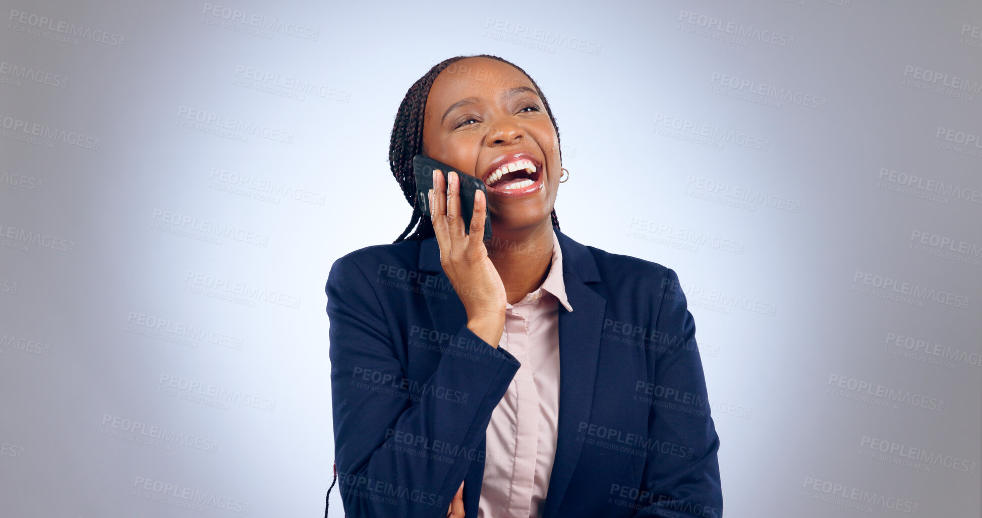 Buy stock photo Business woman, phone call and laugh in studio for consulting, chat to contact and networking on grey background. Happy african employee, cellphone or communication of feedback for funny conversation