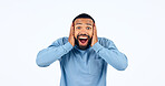 News, announcement and portrait of man with surprise in studio, white background or mockup space. Wow, emoji and excited or shocked person with secret, drama or hearing crazy information on promotion