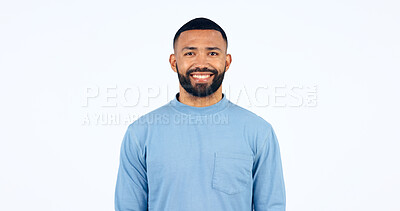 Buy stock photo Happy, portrait and man in Brazil, studio and white background and confidence and pride in fashion. Face, smile and person with happiness, optimism and positive mindset with style in mockup space