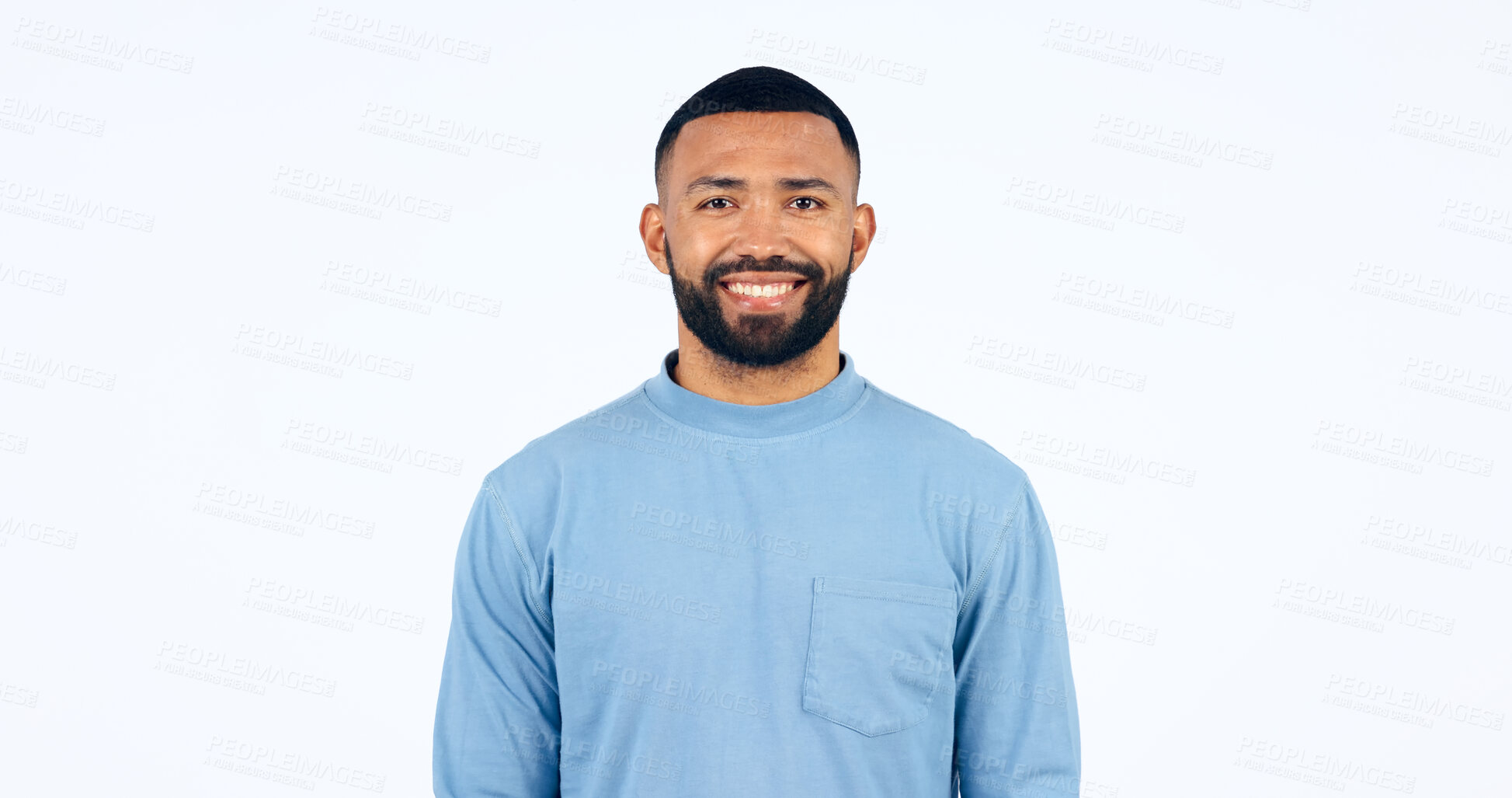 Buy stock photo Happy, portrait and man in Brazil, studio and white background and confidence and pride in fashion. Face, smile and person with happiness, optimism and positive mindset with style in mockup space