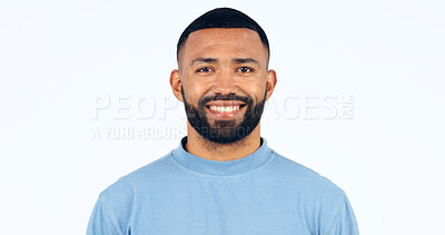 Buy stock photo Happy, portrait and man in Brazil, studio and white background and athlete with confidence and pride. Face, smile and person with happiness, optimism and positive mindset for sports with mockup space