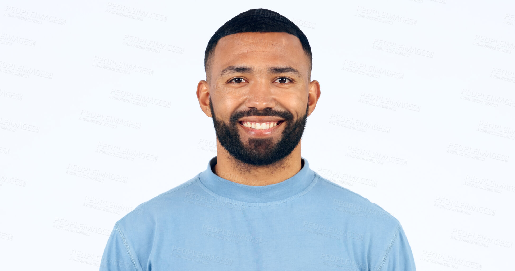 Buy stock photo Happy, portrait and man in Brazil, studio and white background and athlete with confidence and pride. Face, smile and person with happiness, optimism and positive mindset for sports with mockup space