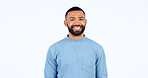 Happy, portrait and man in Brazil, studio and white background and confidence and pride in fashion. Face, smile and person with happiness, optimism and positive mindset with style in mockup space