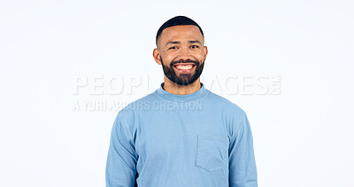 Buy stock photo Happy, portrait and man in Brazil, studio and white background and confidence and pride in fashion. Face, smile and person with happiness, optimism and positive mindset with style in mockup space