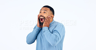 Buy stock photo News, announcement and man with surprise on face in studio, white background or mockup space. Wow, emoji and excited or happy person with secret, drama or hearing crazy information on promotion