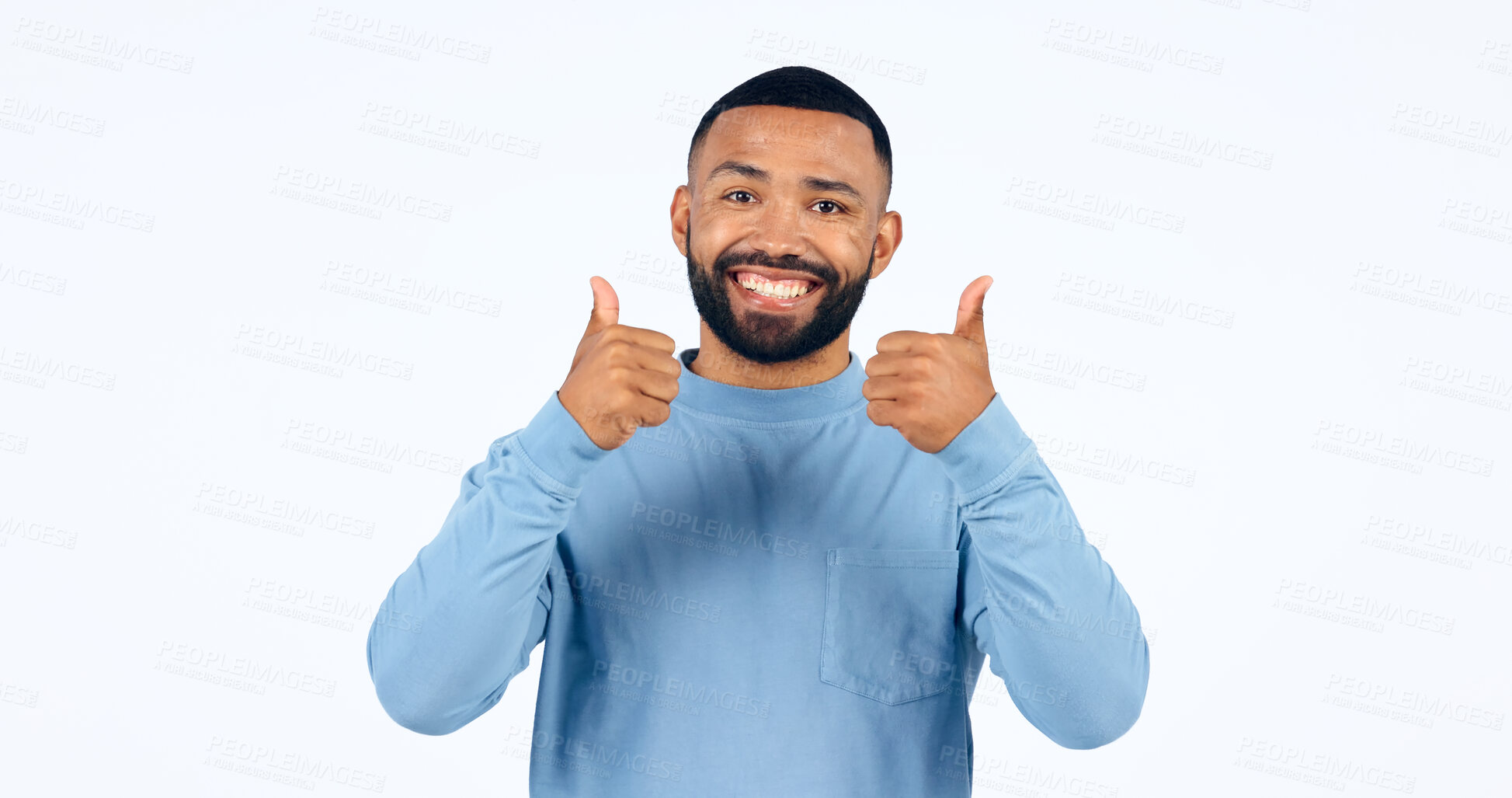 Buy stock photo Thumbs up, man and portrait with sign for yes in studio, white background with happiness, support. Thank you, hands and person smile for success, agreement or positive emoji with achievement of goal