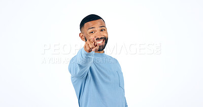 Buy stock photo Man, choice and pointing at you, portrait with offer or opportunity, selection and gesture on white background. Decision to join us, sign up or invitation, direction and call to attention in studio