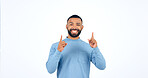 Happy, face and man with hand pointing up in studio for announcement, info or promo on white background. Smile, portrait and excited male model show giveaway, deal or lottery competition prize offer