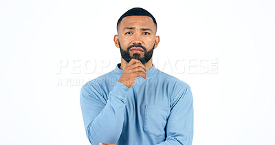 Buy stock photo Thinking, face and confused man in studio with brainstorming, ask or guess gesture on white background. Doubt, portrait and male model with questions, why or unsure body language, emoji or solution