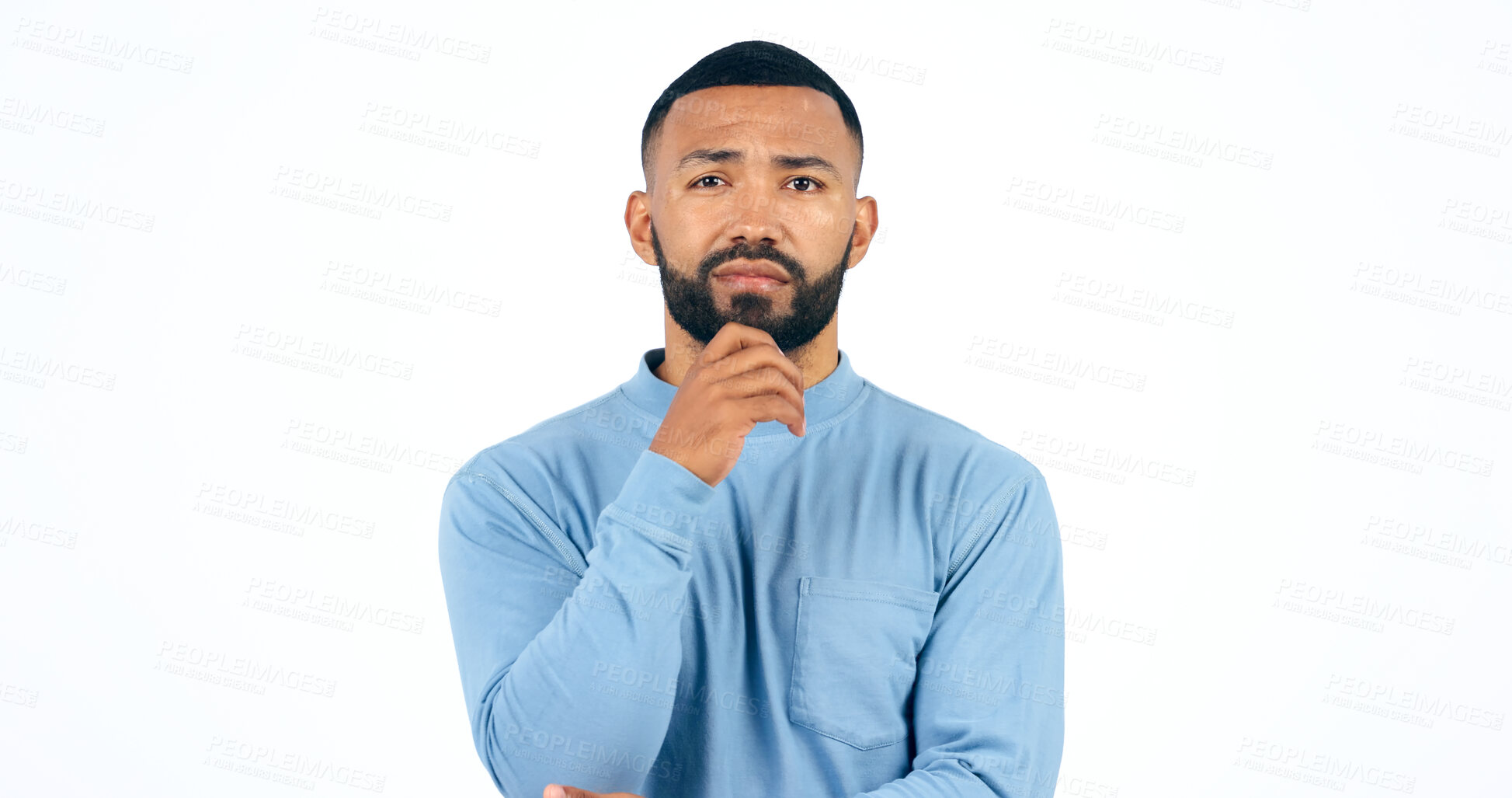 Buy stock photo Thinking, face and confused man in studio with brainstorming, ask or guess gesture on white background. Doubt, portrait and male model with questions, why or unsure body language, emoji or solution