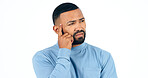 Hands, thinking and confused man in studio with brainstorming, ask or guess gesture on white background. Doubt, face and male model with questions, why or unsure body language, emoji or solution