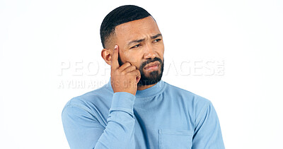 Buy stock photo Hands, thinking and confused man in studio with brainstorming, ask or guess gesture on white background. Doubt, face and male model with questions, why or unsure body language, emoji or solution