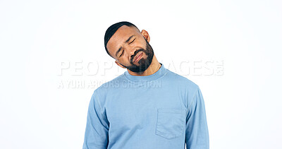 Buy stock photo Stress, neck pain and young man in studio with headache, injury or accident for muscle sprain. Sick, migraine and person from Colombia with burnout, brain fog and anxiety isolated by white background