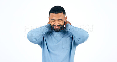 Buy stock photo Neck pain, stress and man in studio with joint, problem or muscle tension on white background. Shoulder, injury and male model with anxiety for arthritis, fibromyalgia or osteoporosis anatomy risk