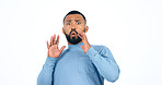 Shock, surprise and portrait of man in a studio with wow, omg or wtf facial expression for news. Amazing, alert and face of young ale person from Colombia with crazy face isolated by white background