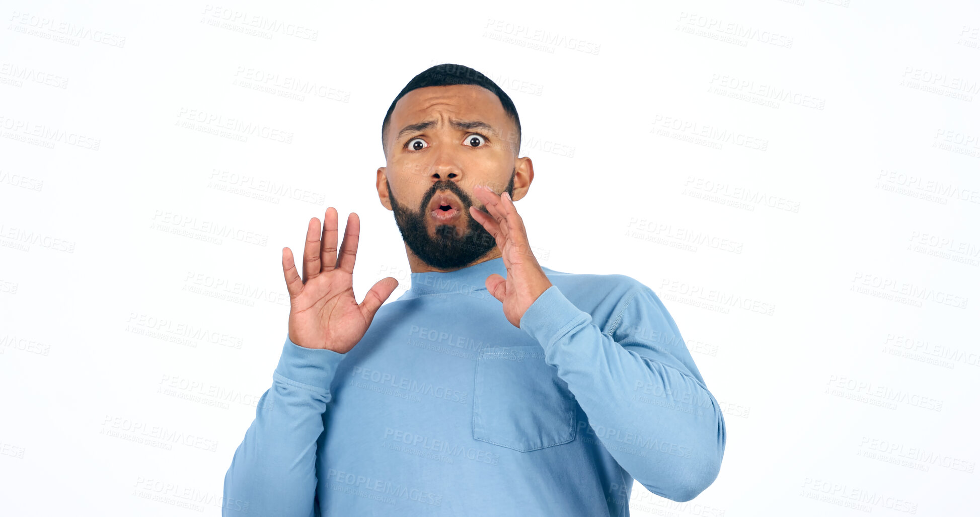 Buy stock photo Shock, surprise and portrait of man in a studio with wow, omg or wtf facial expression for news. Amazing, alert and face of young ale person from Colombia with crazy face isolated by white background