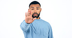 Stop, hand and portrait of man in studio with limits, control or warning order on white background. Protest, palm and face of male model with emoji vote, dont or no, rejection or not allowed sign