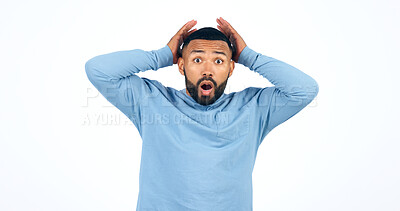 Buy stock photo Shock, emoji and portrait of man in a studio with wow, omg or wtf facial expression for news. Amazing, surprise and face of young ale person from Colombia with crazy face isolated by white background