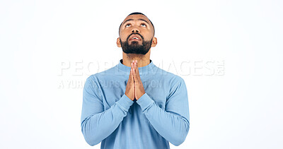 Buy stock photo Worship, prayer and man praying in studio for thank you, faith or help on white background. Jesus Christ, hope and male model in spiritual, trust or praise, gratitude or guidance, holy or gospel peace