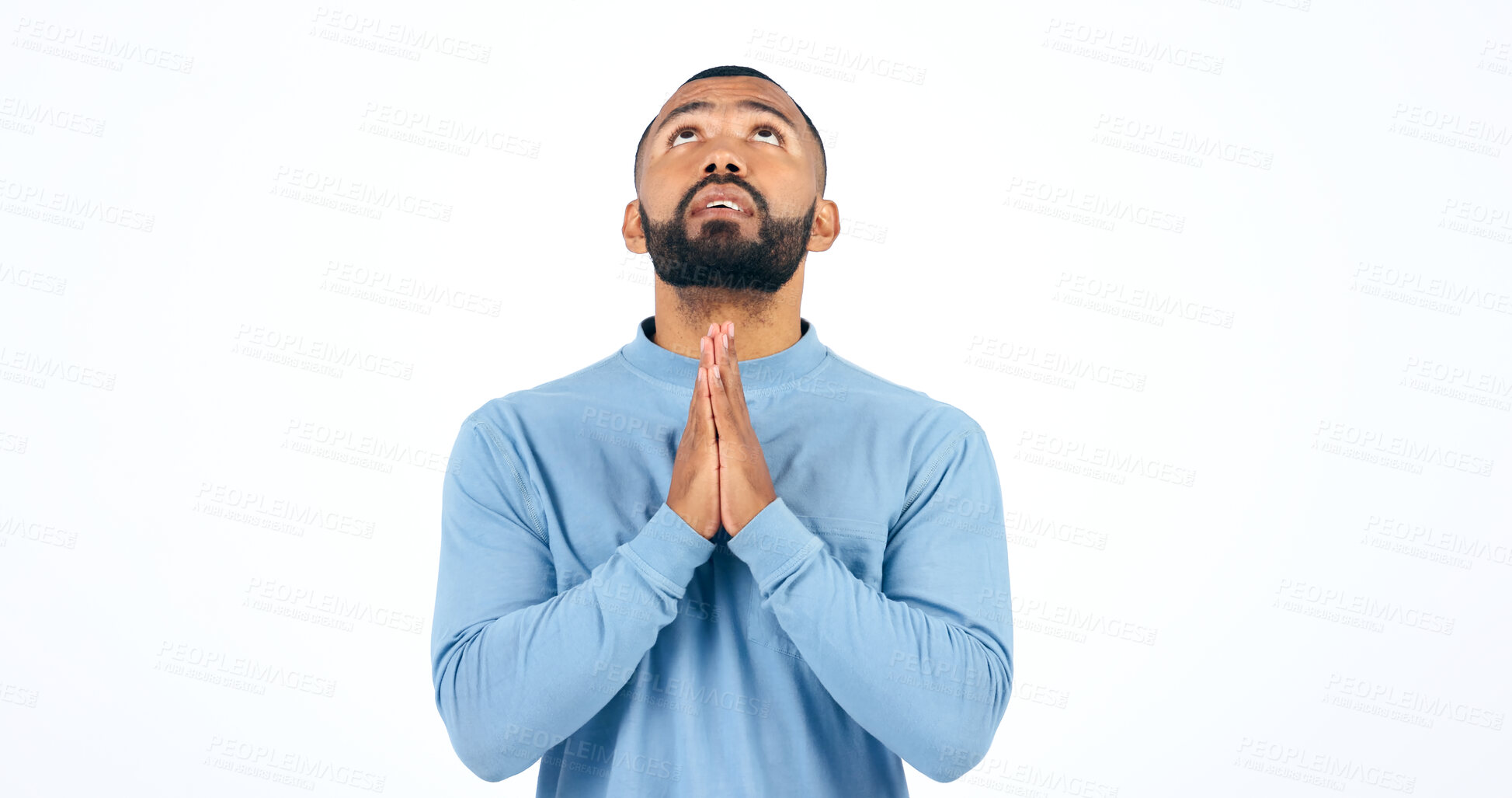 Buy stock photo Worship, prayer and man praying in studio for thank you, faith or help on white background. Jesus Christ, hope and male model in spiritual, trust or praise, gratitude or guidance, holy or gospel peace