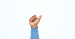 Thumbs up, hand and person with sign for yes in studio, white background with feedback of support. Thank you, vote and icon for success, agreement and emoji for achievement of goals or ok review