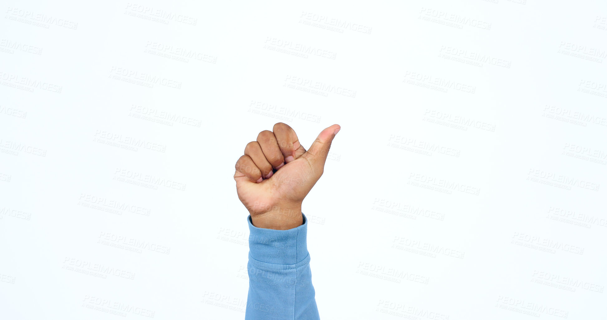 Buy stock photo Thumbs up, hand and person with sign for yes in studio, white background with feedback of support. Thank you, vote and icon for success, agreement and emoji for achievement of goals or ok review