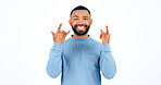 Happy man, rocker and hands with smile in studio with portrait for mockup on white background. Male model, face and excited in freedom, fun or party for energy of music, sign or punk gesture in space