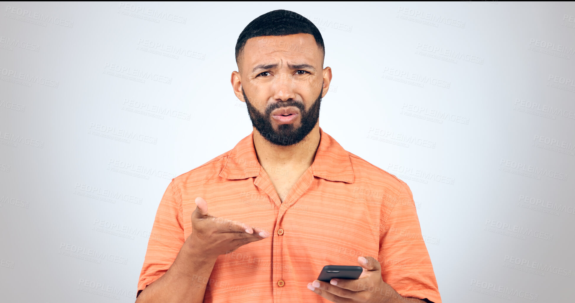 Buy stock photo Portrait of man in studio with phone, frustrated and confused with connection problem, 404 or glitch. Communication, anger and person with smartphone with scam, phishing or fraud on white background.