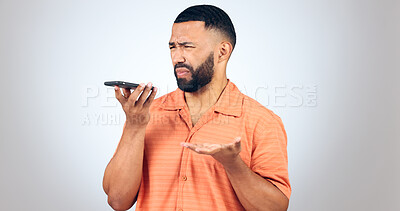 Buy stock photo Man in studio with phone, voice call and frustrated with connection problem for communication. Discussion, anger and confused person on smartphone conversation, scam or phishing on white background.