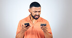 Man in studio with phone, credit card and frustrated with connection problem, debt or glitch. Fintech, anger or confused person with smartphone for banking, online shopping or 404 on white background