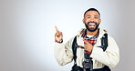 Hiking portrait, happy man and pointing at studio promotion, commercial information or presentation news. Fitness adventure journey, mockup space direction and person trekking on white background