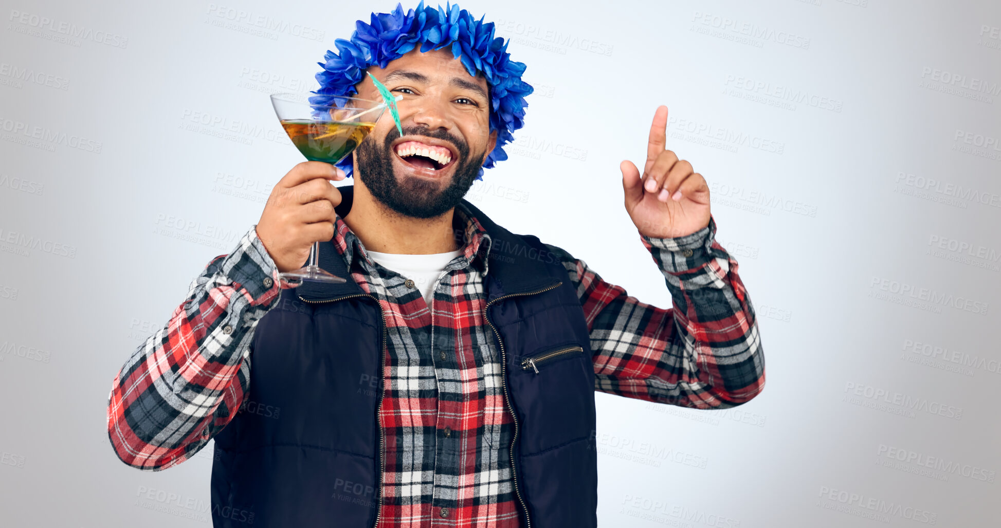 Buy stock photo Happy, portrait and a man with a cocktail on a studio background for celebration or vacation. Smile, summer and a young person or guy with alcohol, drink or laughing for a holiday, travel or relax