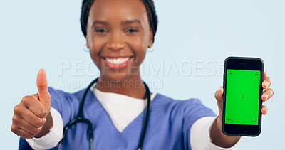 Buy stock photo Green screen, thumbs up and portrait of doctor with phone for telehealth, wellness app and medical news. Healthcare, clinic mockup and black woman with smartphone and emoji sign for website in studio