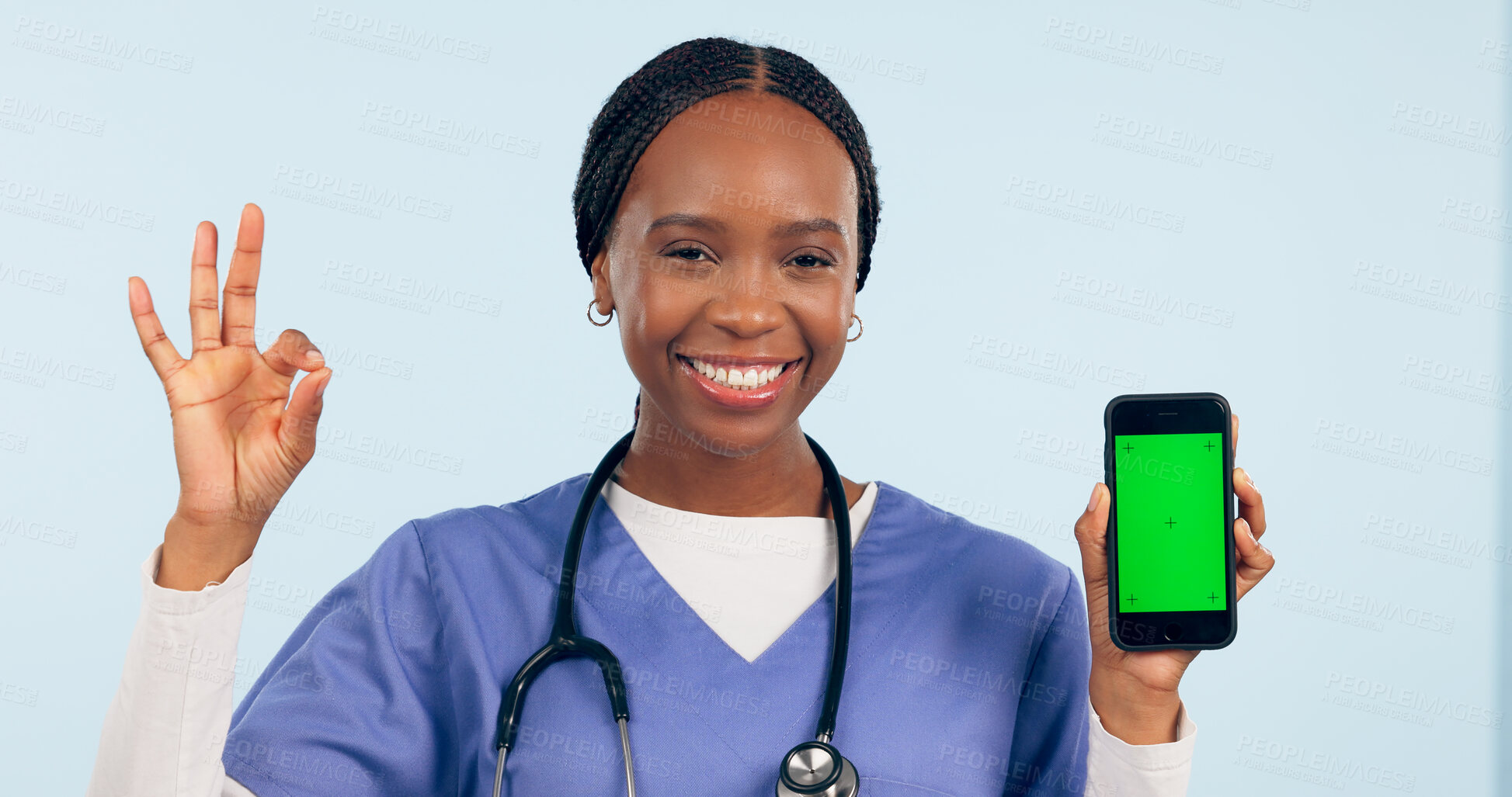 Buy stock photo Green screen, okay sign and portrait of doctor with phone for telehealth, wellness app or medical news. Healthcare mockup, clinic website and woman with approval hand emoji on smartphone in studio